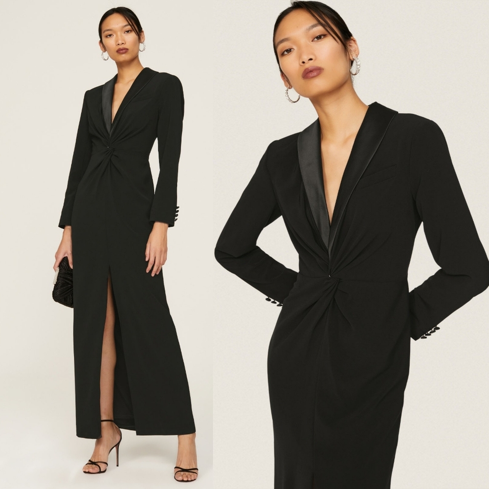 Ralph Lauren Crepe Long-Sleeve Gown Dress Women's 14/16 Tuxedo Black Tie Formal - Picture 5 of 8